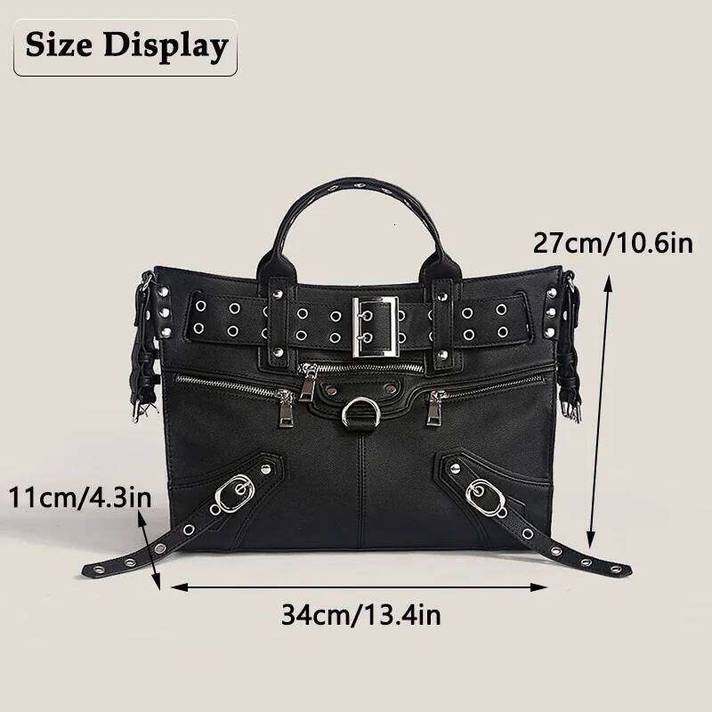Women Black Goth Fashion Woman Ladies Moto and Biker Style Shoulder Rivet Belt Large Capacity Tote Bag