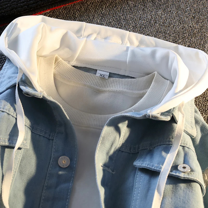 Korean Fake TwoPiece Denim Jacket for Men Hooded Trendy Patchwork Design Youthful BF Couple Street Outerwear 251029