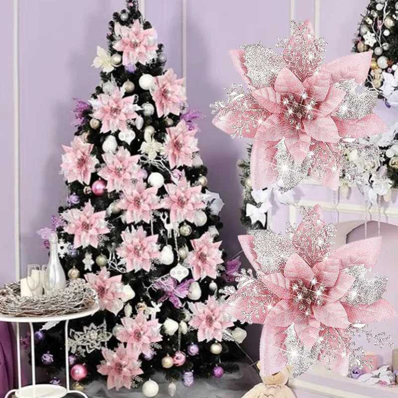 1030pcs Glitter Artifical Christmas Flowers Mreey Christmas Tree Decoration Happy New Year Ornaments Xmas Fake Flowers natal C251030