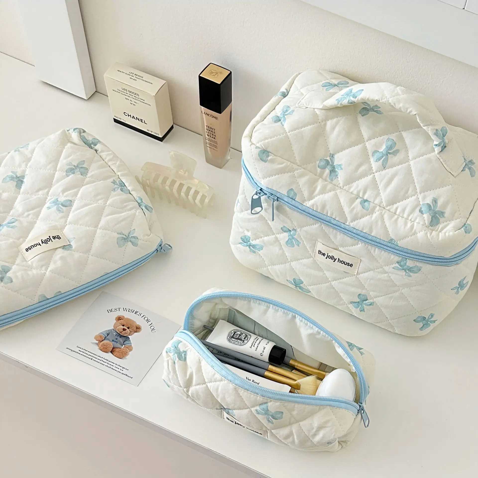 Korea Bow Print Women Makeup Bag Large Capacity Portable Cosmetic Case For Travel Toiletries Cosmetics Storage Bag J251115