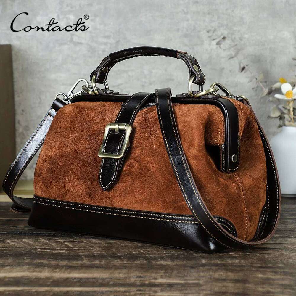 Contact's Genuine Suede Leather Handbag For Women Sling Shoulder Metal Frame Crossbody Bag Tote Doctor Bags Office Ladies
