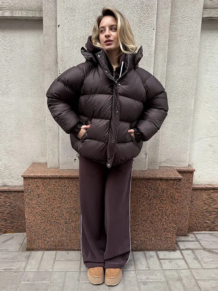 2025 Winter Women Zipper Hooded Quilted Jacket Casual Long Sleeve Pockets Oversize Warm Coats Fashion Lady Outerwear Street 251030