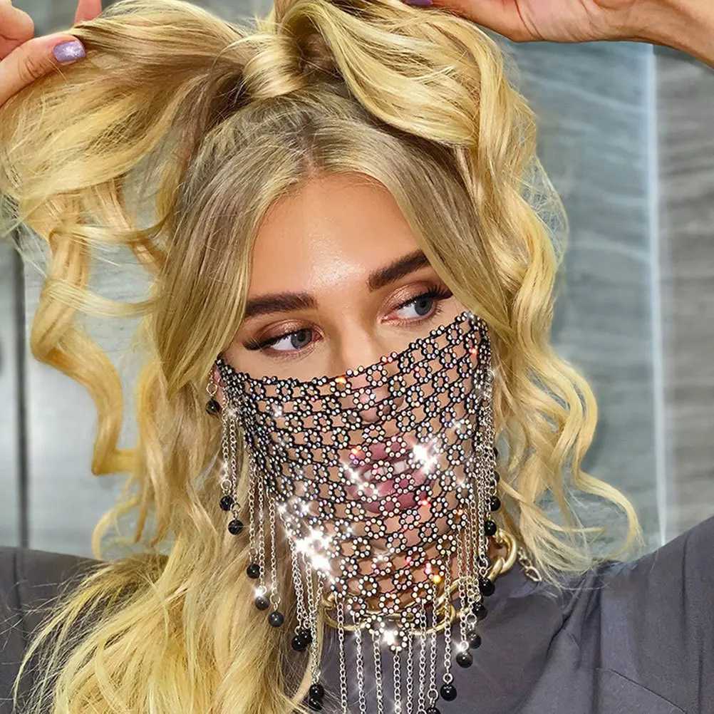 2Pcs Rhinestone Face Veil Tassel Chain Fashion Face Veils Women Masquerade Ball Dance Performance Party Props Party SuppliesW251029
