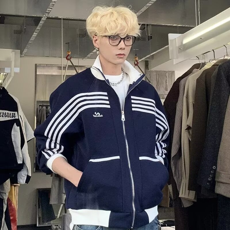 2025 Spring And Autumn New Striped Designer Coat Color Block Stand Collar Double Layer Casual Jacket College Style High-end Baseball Jacket