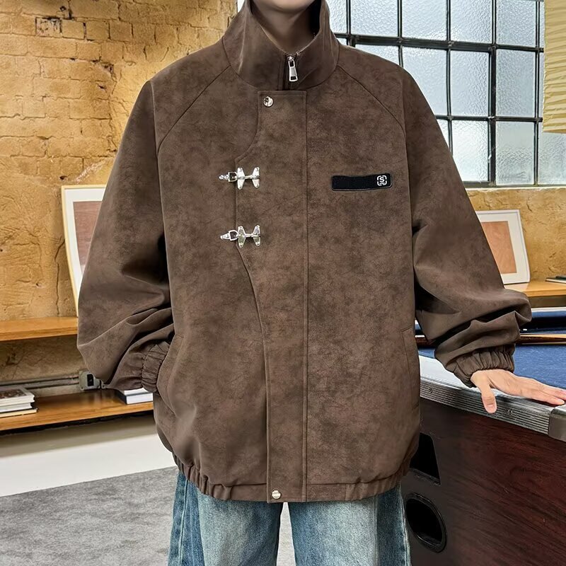 Tie-dye Gray New Chinese Style Leather Designer Jacket Jacket For Men Spring Coat Waterproof Windproof Stand Collar Buttoned Workwear Pilot Jacket