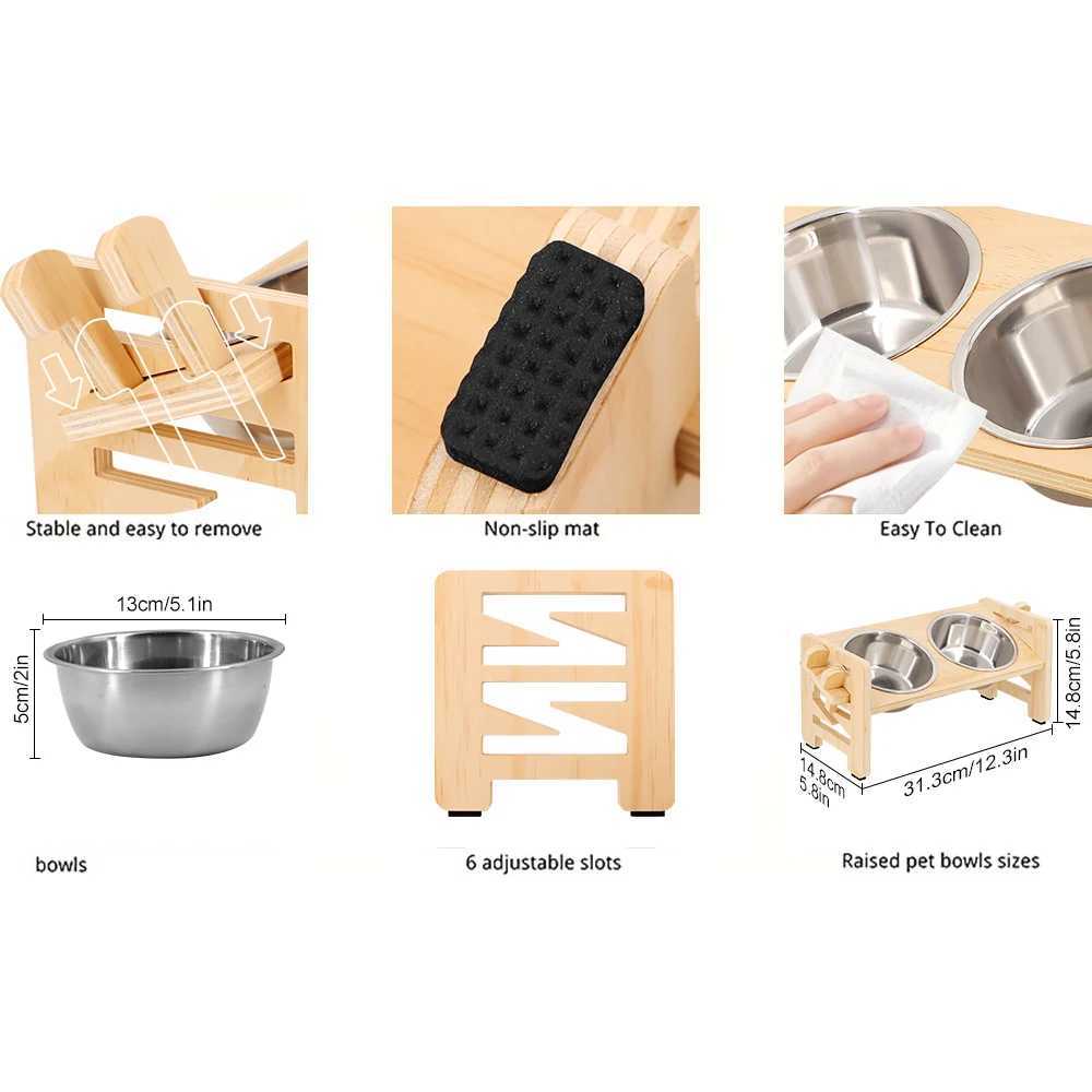 Adjustable wooden raised dog bowl stand with 2 stainless steel bowls for small dogs and cats sturdy wooden pet food feeder J251113