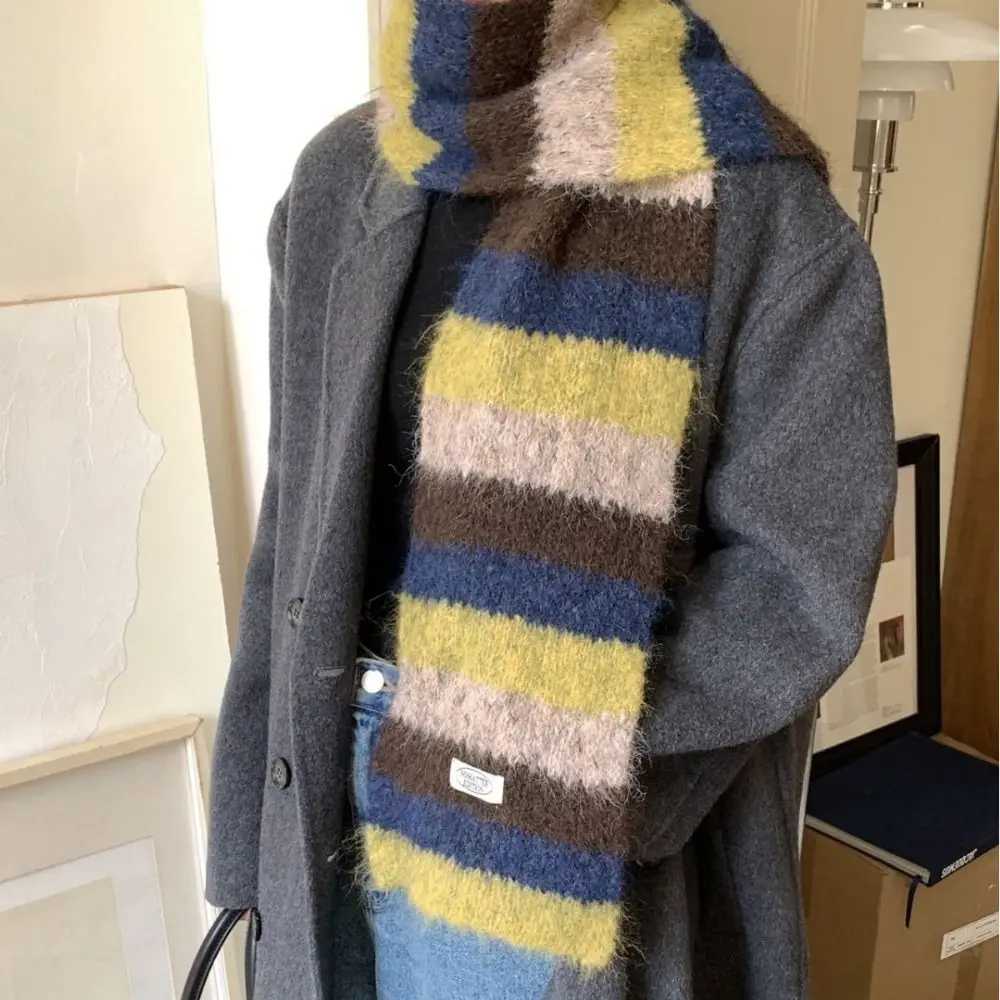 Simple Preppy Style Plaid Wool Scarf Thicken Stripe Scarf Long Korean Style Knitted Shawl StudentW251030