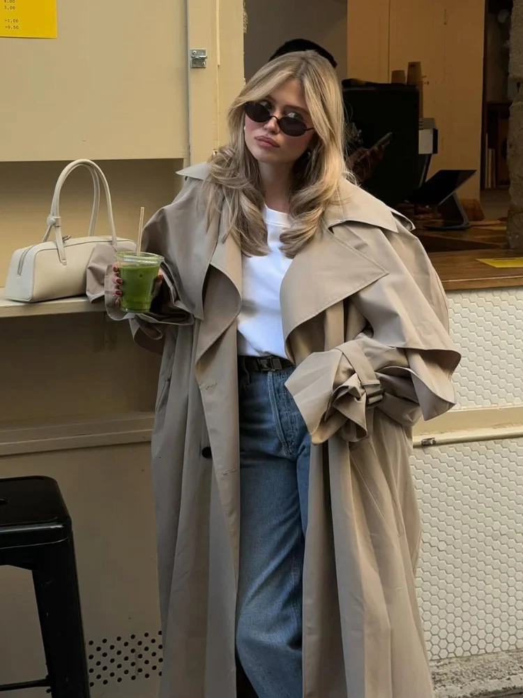 Women Casual Lace Up Long Trench Coat Chic Solid Color Full Sleeve Lapel Windbreaker 2025 Fashion Loose Commute Jackets 251029