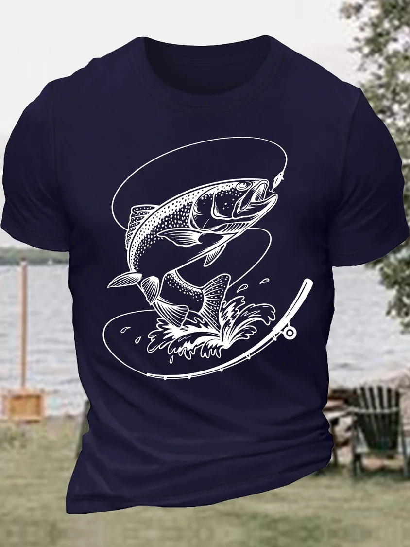 European & American Oversized Men's Funny Fishing Print Father's Day Gift Cotton Casual Letter T-Shirt - TT7301