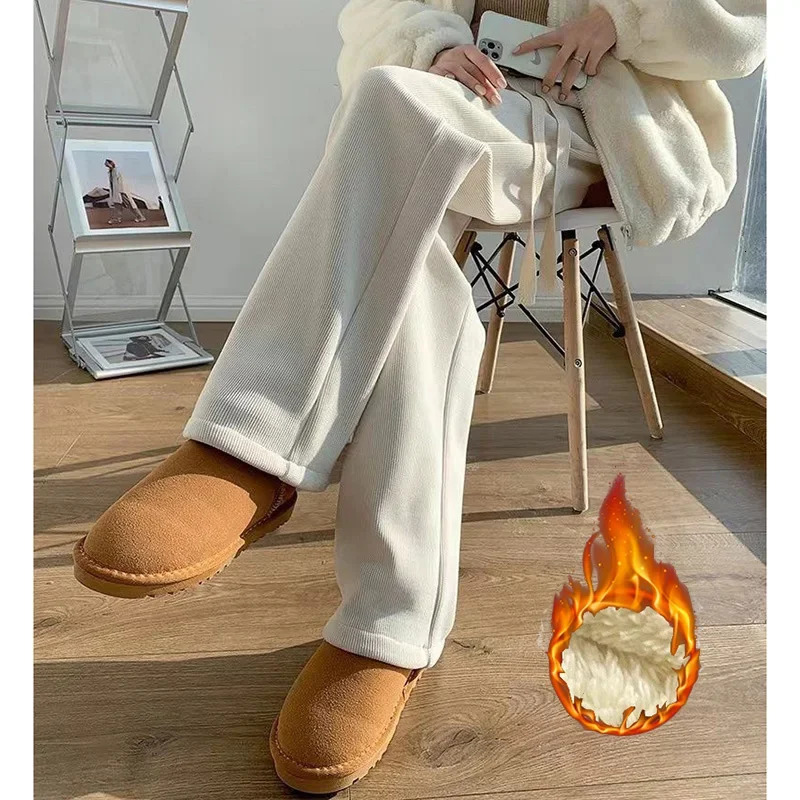 Winter Female Classic ner Pants Girls Fleece Thermal High Waist Lady Korean Snow Warm Straight Leg Plush Trousers 251027