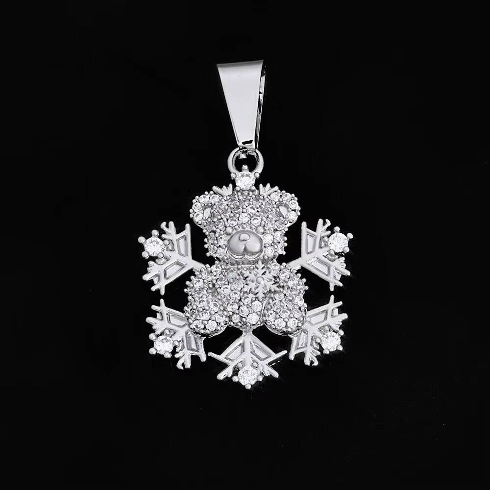 NUOYA Custom Bear Shape Snowflake Pendant Necklace Silver Plated Iced Out moissanite Charm Pendant for Christmas Gift Jewelry Designer's style