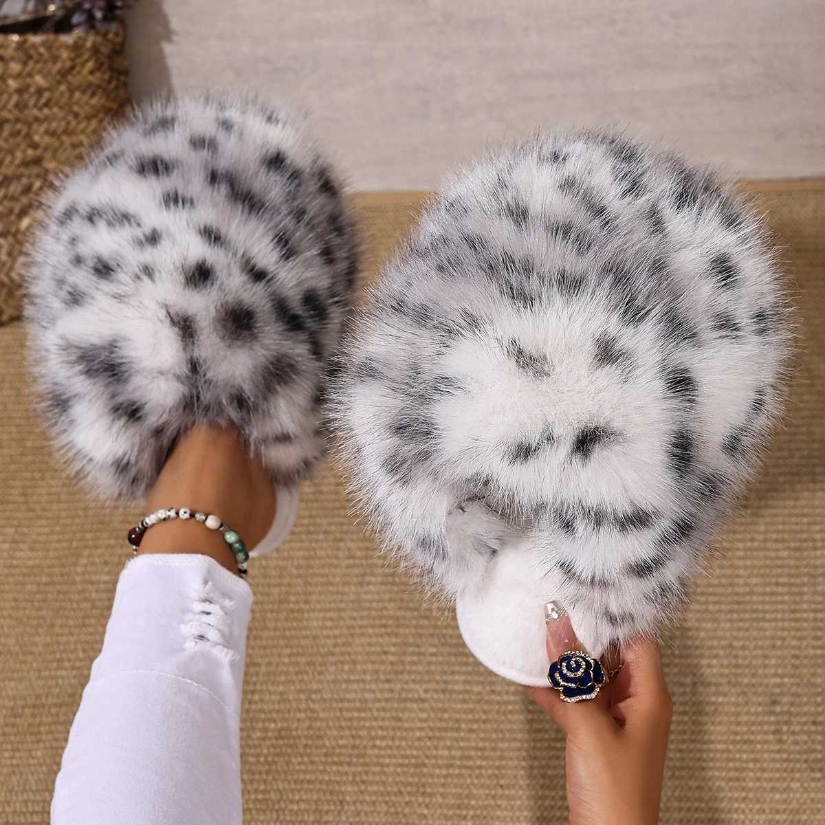 Women Slippers Leopard Print Flat Bottom Fur Slippers Women Autumn Winter Fashion Home Shoes Warm AntiSlip Cotton Slides Women H251030