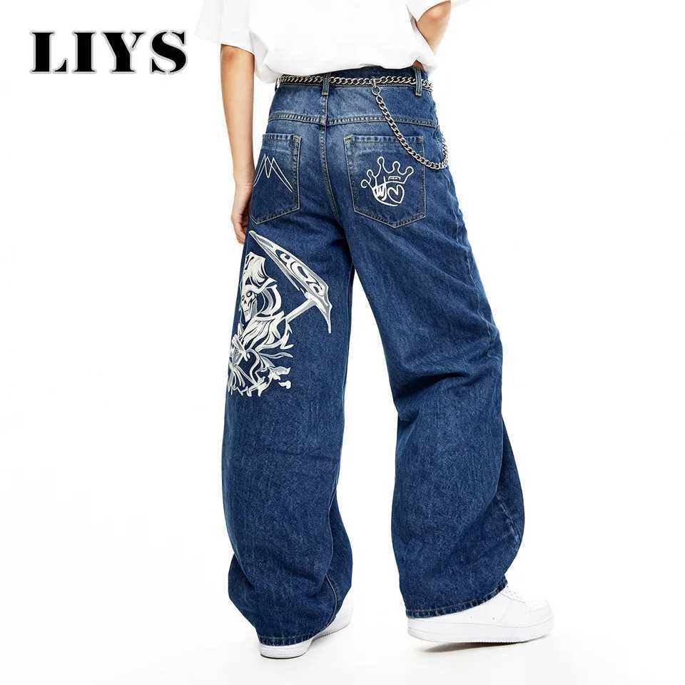 New Mens HipHop Skeleton Print Loose Straight Leg Jeans Autumn College Style Retro Blue Baggy Street Denim Pants Mens Clothes J251030