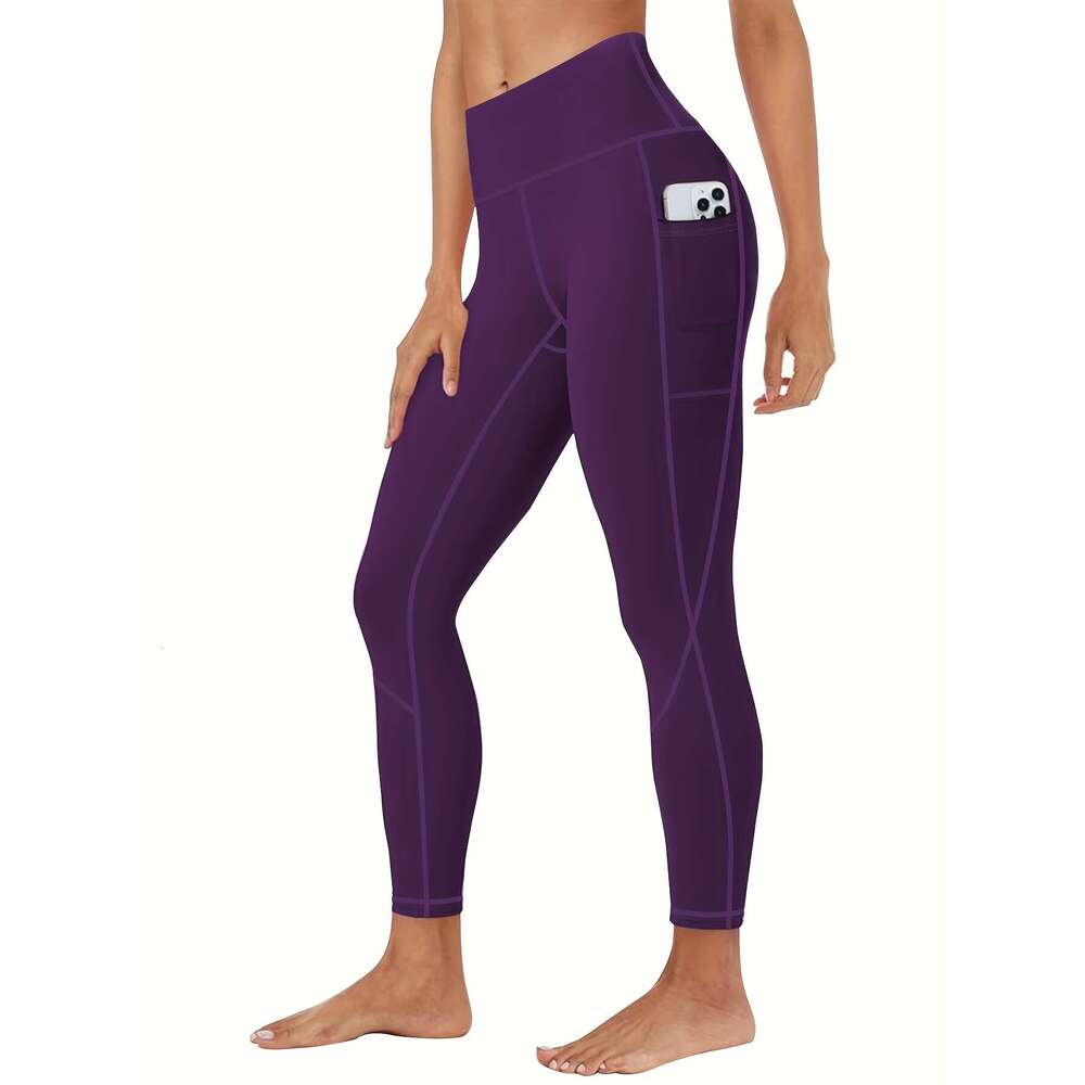 5pcs Set Women's Plus Size High-Waisted Leggings Full-Length Tight-Fit Yoga Pants with Pockets, 5 Solid Colors Black, Dark Blue, Bury, Purple, Na