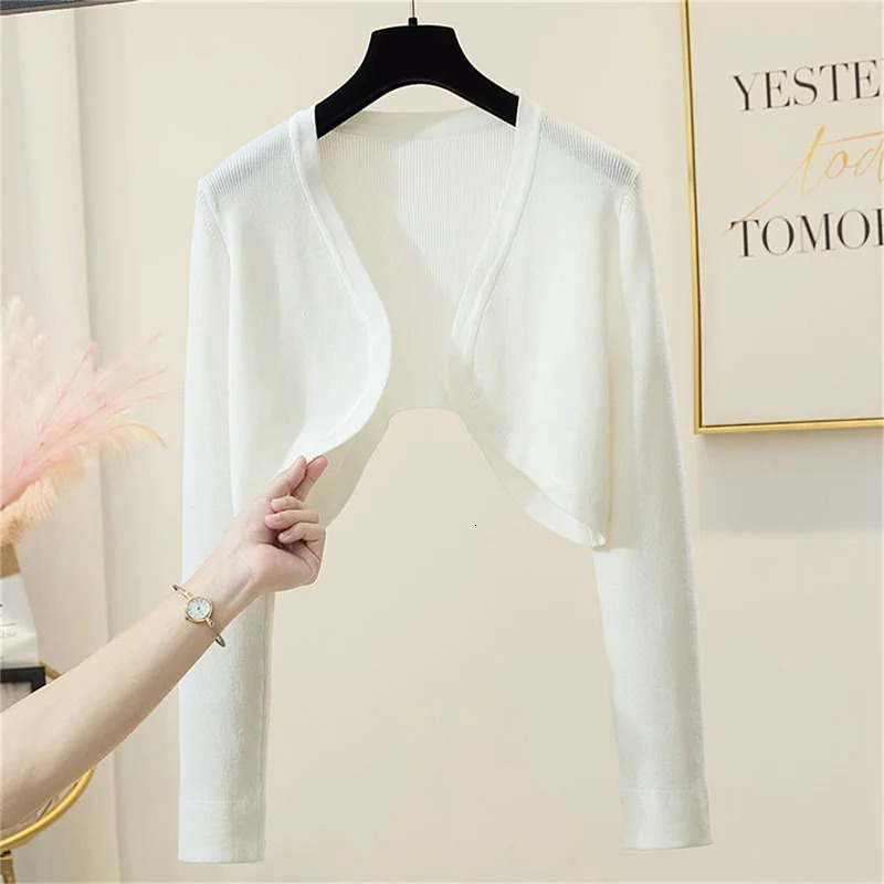 French Knitted Cardigan Female Spring Summer Small Shoulders Longsleeved With Halter Dress Hitch Hoodie Short 251028
