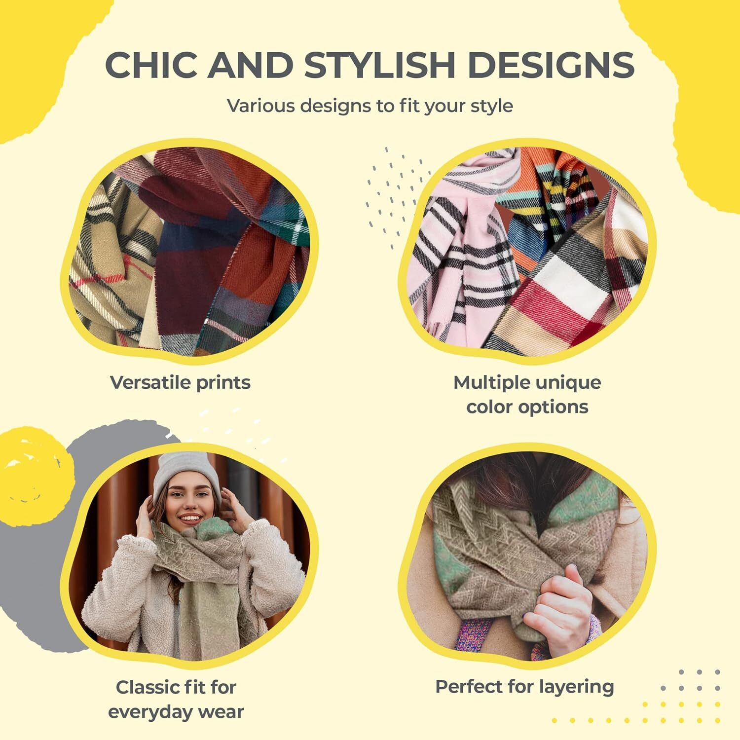 Custom Plaid Check and Solid Cashmere Feel Winter Scarf Warm Scarfs Cold Weather Accessories Fringe Scarves Christmas gifts