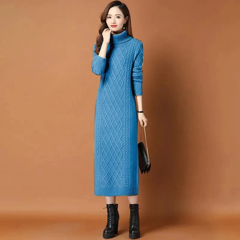 Female High Neck Long Sweater Women Thickened Autumn Winter Loose Outer Wear Twist Base Dress Femme Knit Dress Elegant 251029