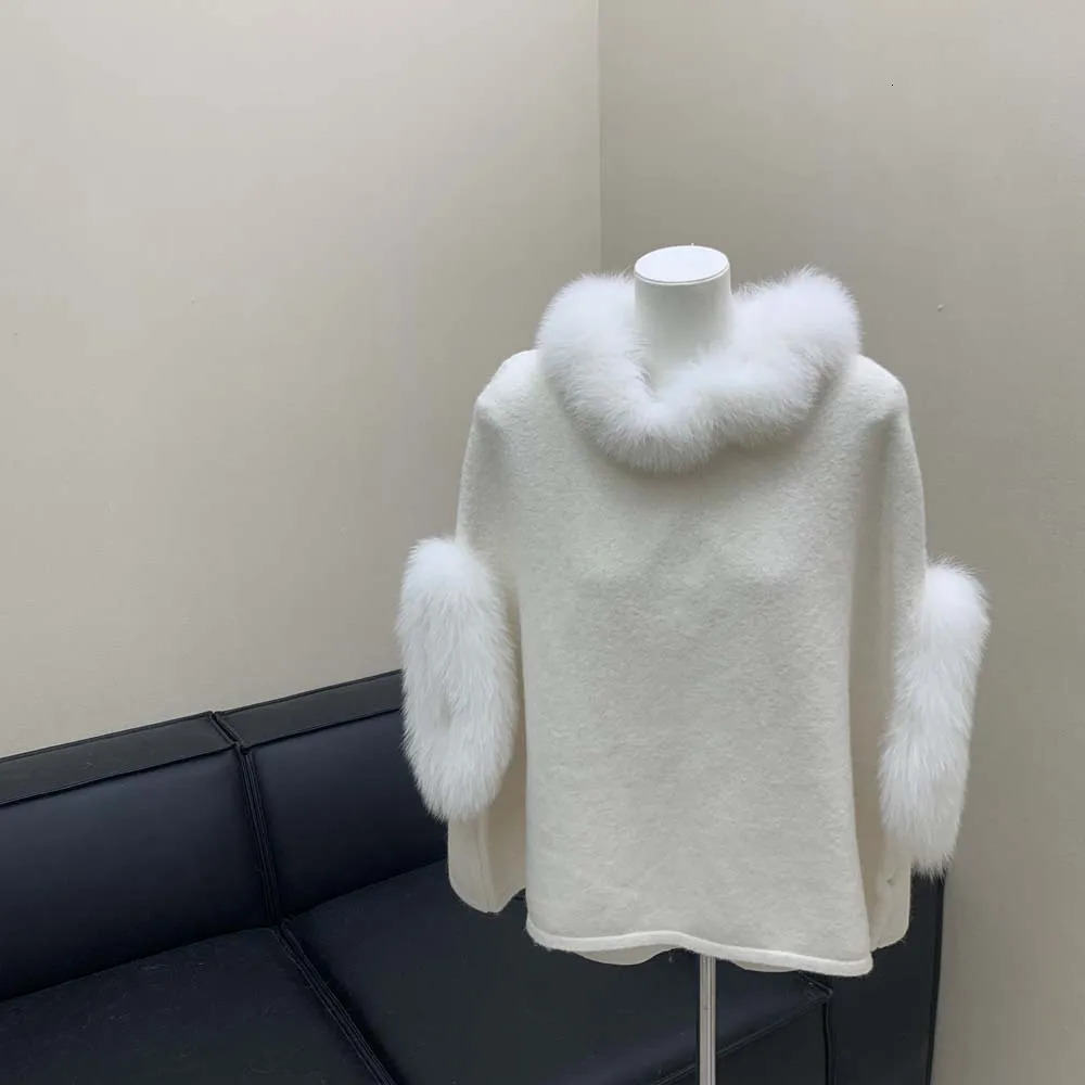 Autumn Women Knitted Poncho With Real Fox Fur Collar Cuff Fashion Casual Genuine Wool Warm Pullover shawl 251029