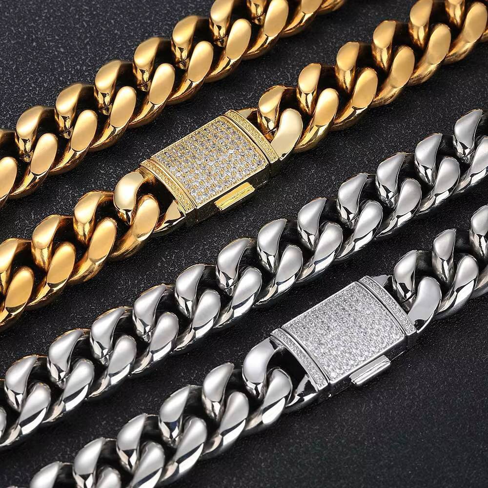 NUOYA Hip Hop Jewelry 18mm Stainless Steel Curb Cuban Link Chain Brass moissanite Clasp 18k Gold Plated Miami Cuban Link Bracelet Designer's styl