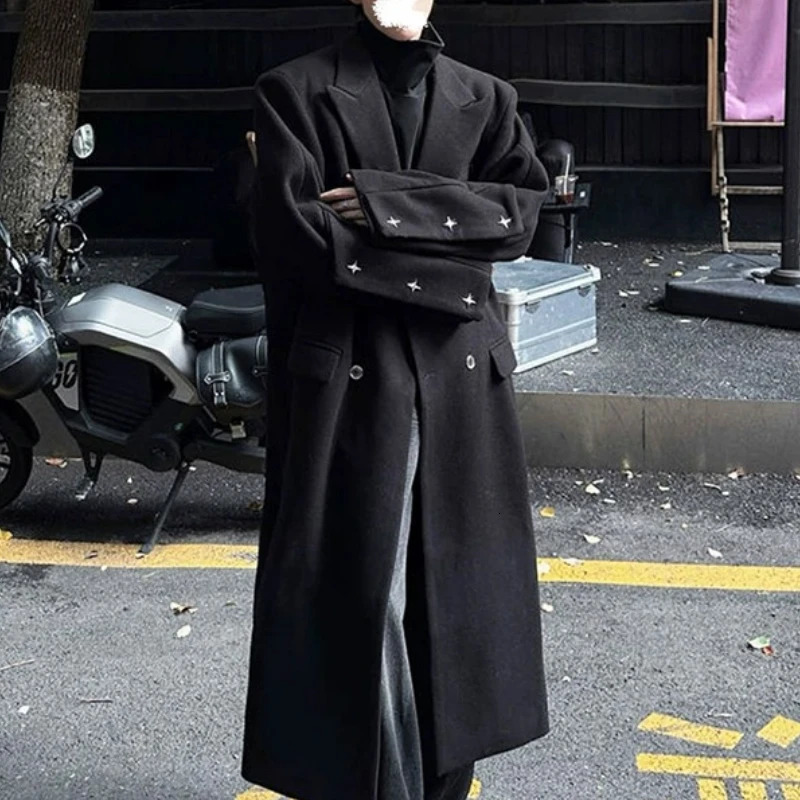 Autumn Winter Mens Versatile Length Woolen Coat Over Knee Double Breasted Tweed Windbreaker Outerwear Faionable Korean Style 251029