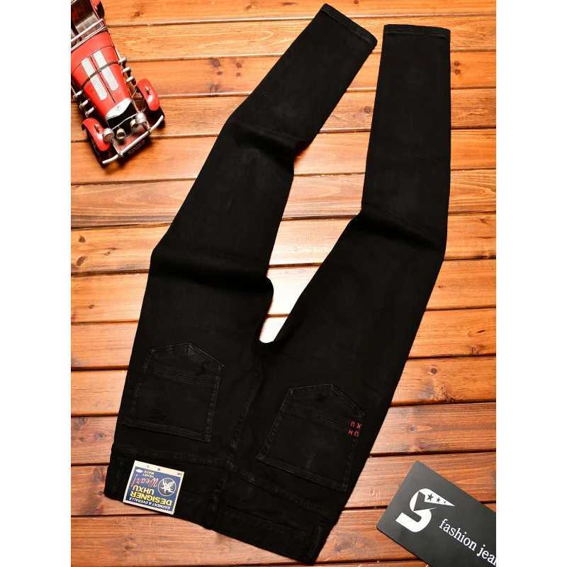Black ripped jeans mens fashionable street trend American handsome retro nostalgic slim fit small leg denim pants J251030