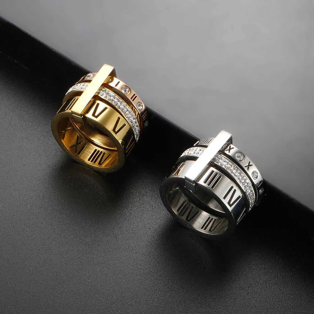 Three Layers Roman Numerals Ring for Women Luxury Stainless Steel Rotatable Crystal Finger Rings Female Wedding Trendy JewelryW251030