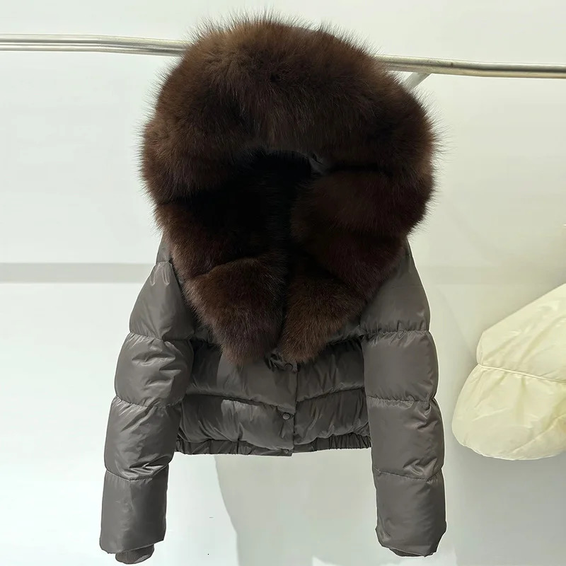 French Elegant Casual Fox Fur Collar Hooded Down Coats Fashion Versatile Thickened White Duck Down Short Jackets Women Winter 251028