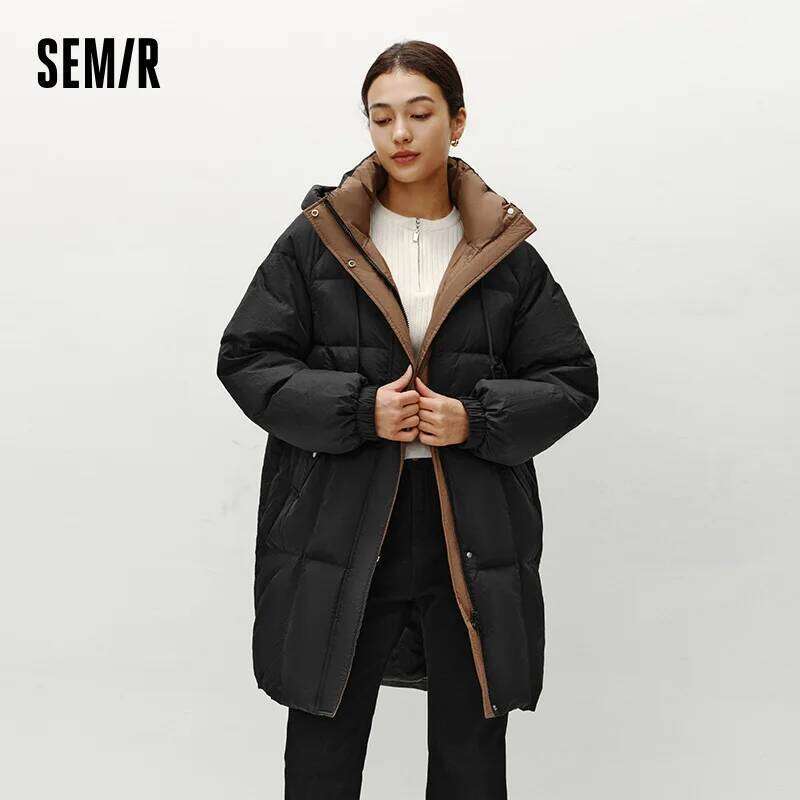 Semir Down Jacket Women Long Length Hooded Black Color Block Winter New Loose Outerwear Fashion Women's Wear