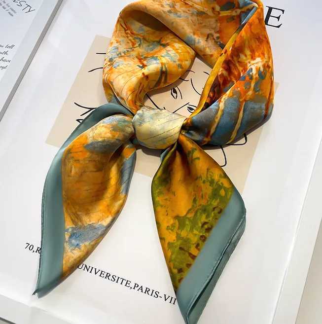Luxury Fashion Print 7070cm Silk Square Scarf Women Soft Satin Hairband Neckerchief Tie Female Headband Foulard Bag RibbonW251029