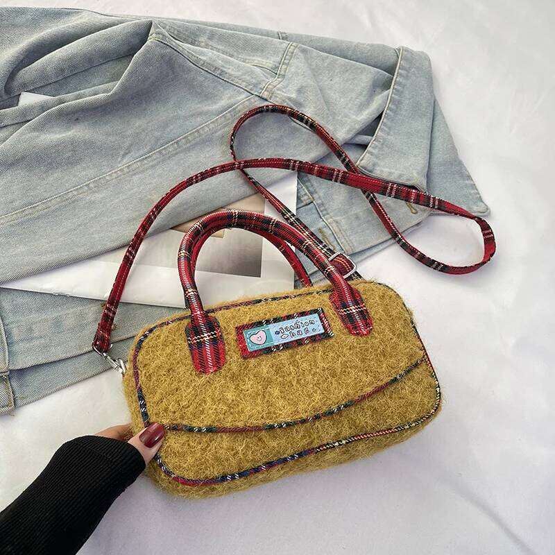 Plaid Handbag For Women Autumn Winter Simple Lamb Wool One Shoulder Bag Temperament Versatile Mini Crossbody Bags Trend