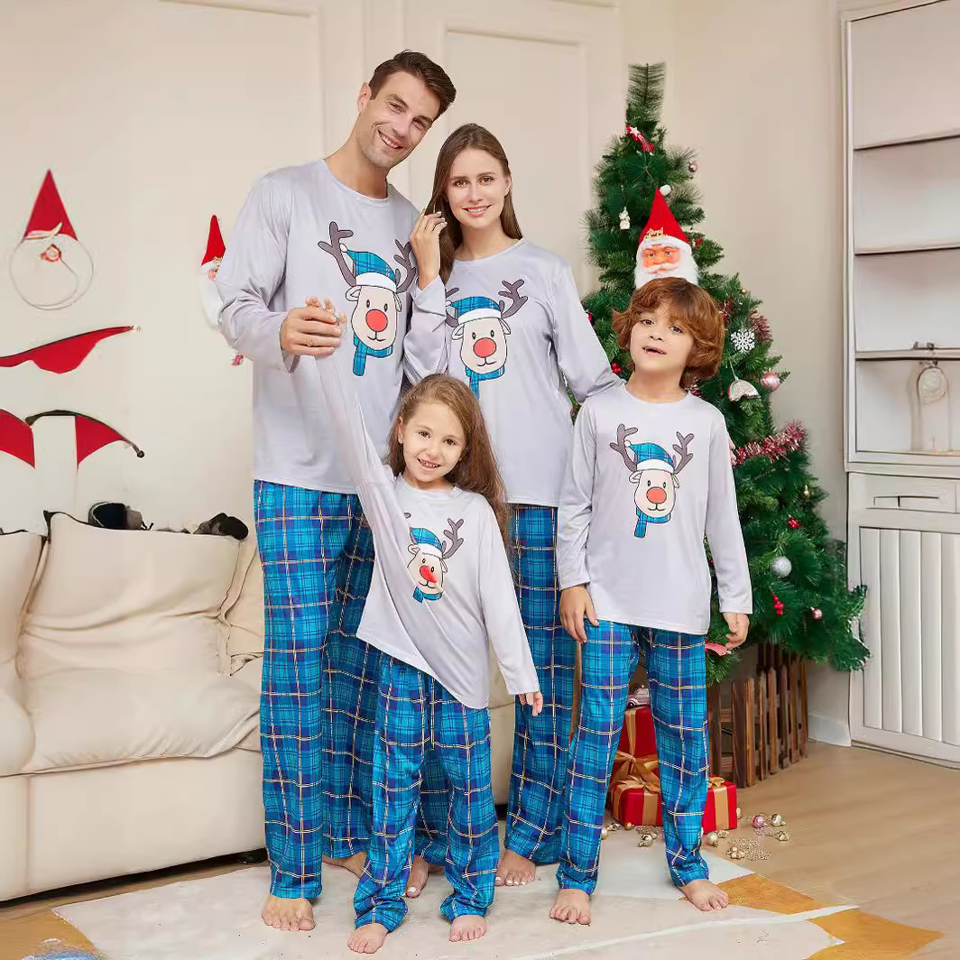 Cartoon Deer Head Blue Plaid Round Neck Long Sleeve ParentChild Family Pajamas Set 251030