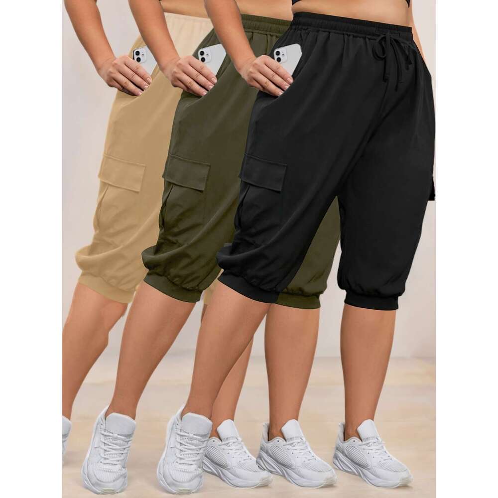 Women's Plus Size 3pcs Yoga Capri Pants with Side Flap Pockets & Drawstring Waist - Lightweight, Breathable Casual Sportswear