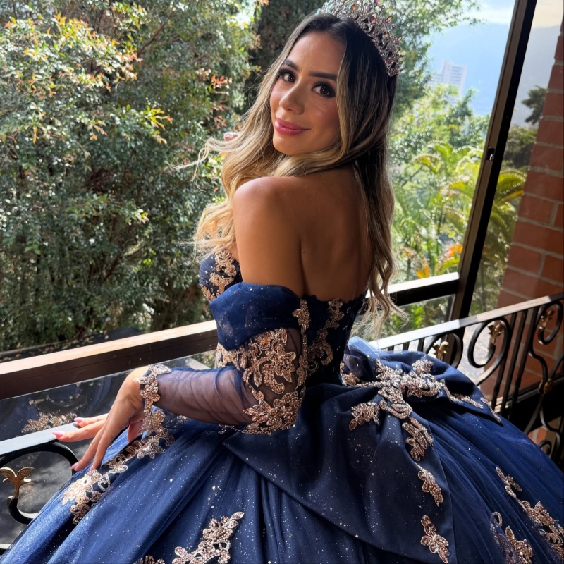 Navy Blue Shiny Quinceanera Dresses Off The Shoulder Applique Lace Beads Bow Tull Party Birthday Sweet 16 Dress Vestidos 15 Anos