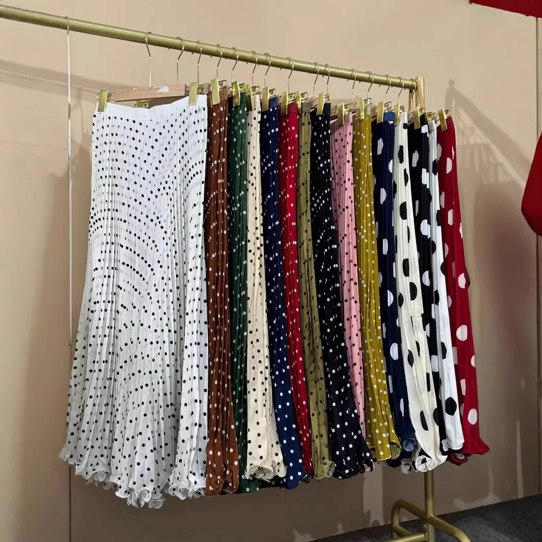 High Waist Polka Dot Long Skirt for Women Elegant Boho Beachwear Big Hem Ruffled Pleated Loose Fit 2025 Style 251028