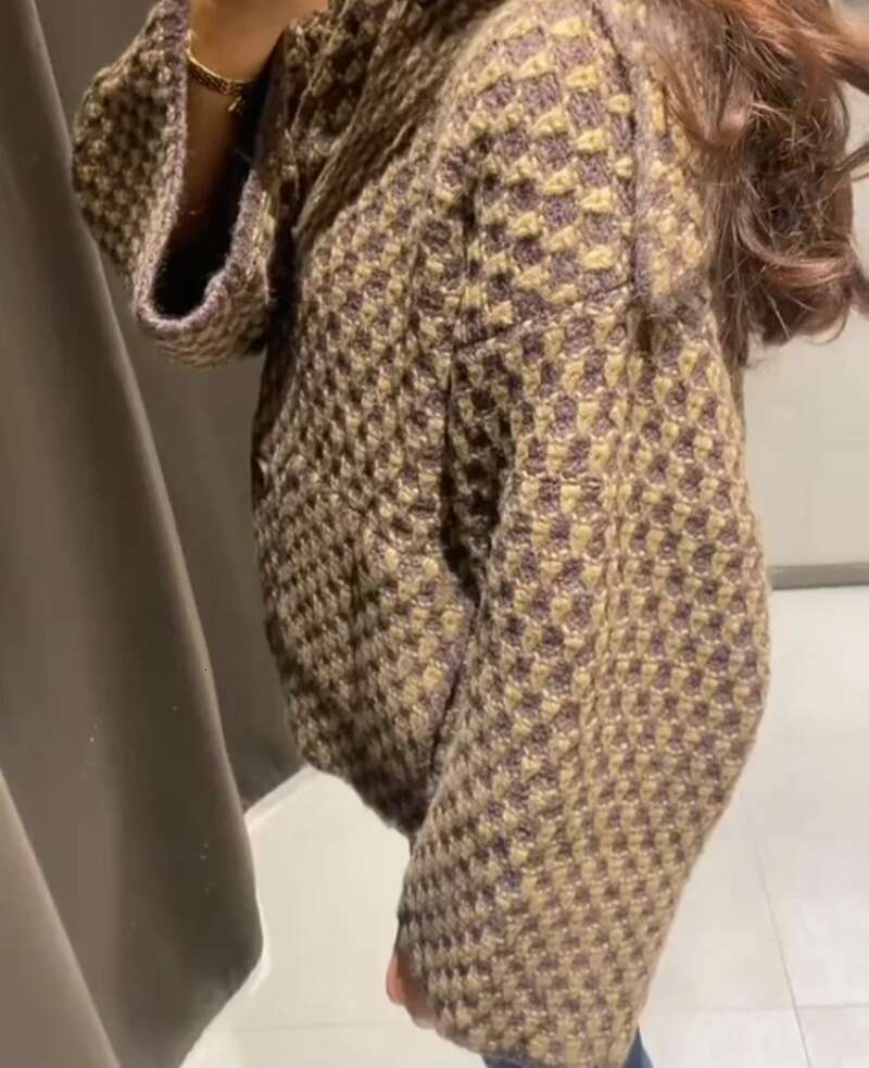 Fashion Caramel Lapel Plaid Knit Cardigan Women Loose Single Breast Pocket Warm Coat 2025 Autumn Lady Korean Style Knitwear New Women Sweater Designer