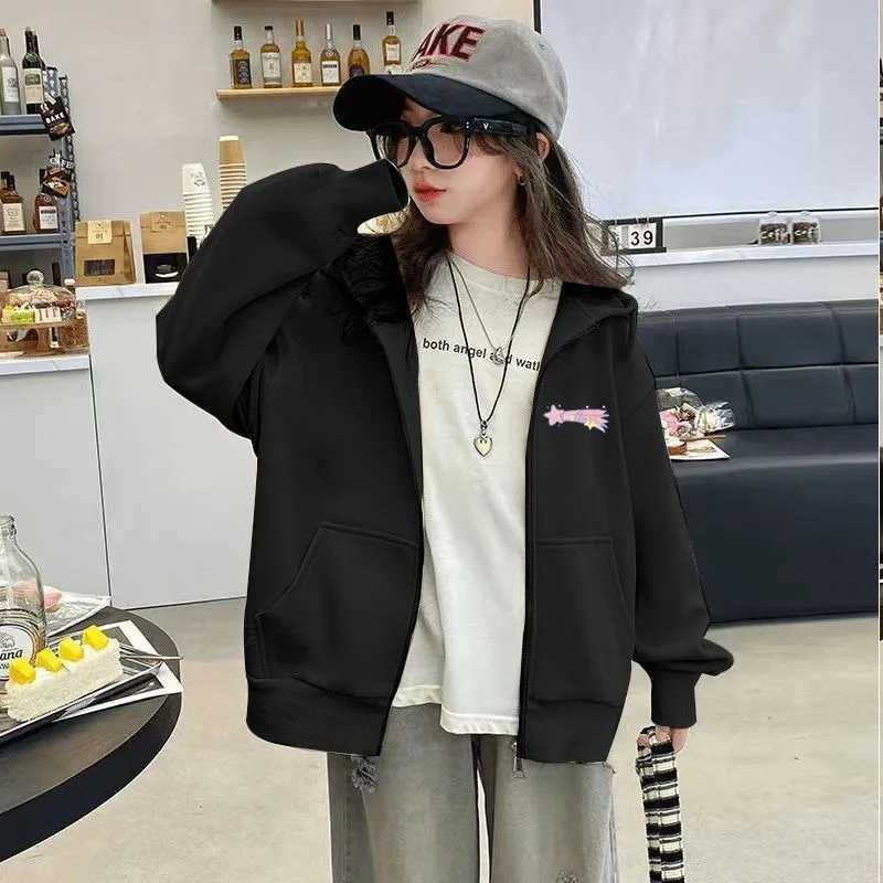 Girls American Streetwear Star Print FleeceLined ZipUp Hoodie AutumnWinter Stylish DesignT251030