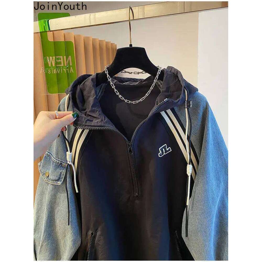 Oversized Sweatshirts For Women Patchwork Denim Streetwear Y2k Tops 2025 Ropa Mujer Hooded Contrast Color Vintage Hoodies