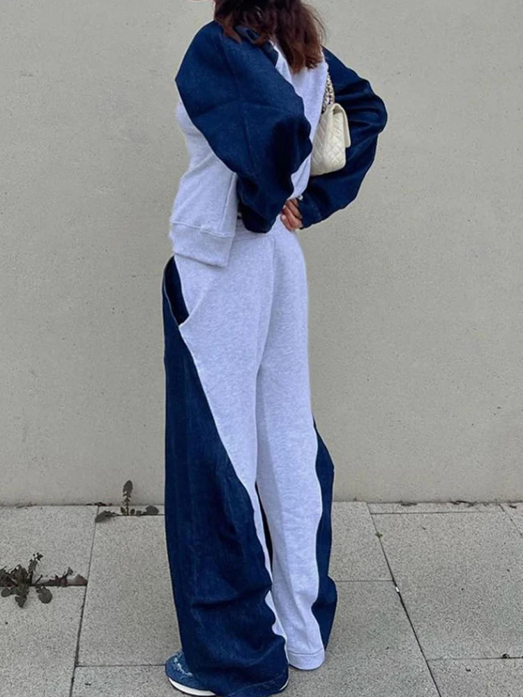 HH Summer Womens Retro High Waist Casual Trousers Suit Fashionable Round Neck Spliced denim Sweatshirt Womens Streetwear 251029