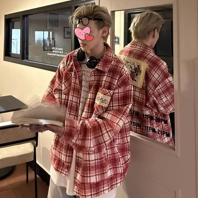 2025 New American High Street Color Block Design Plaid Long Sleeve Shirt Autumn Designer Coat Unisex Loose Trendy Jacket