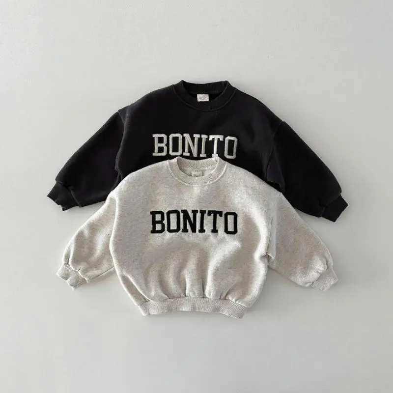 Winter New Baby Girls Long Sleeve Fleece Sweatshirt Letter Embroidery Boys Plus Velvet Thick Casual Pullover Kids Warm ClothesT251030