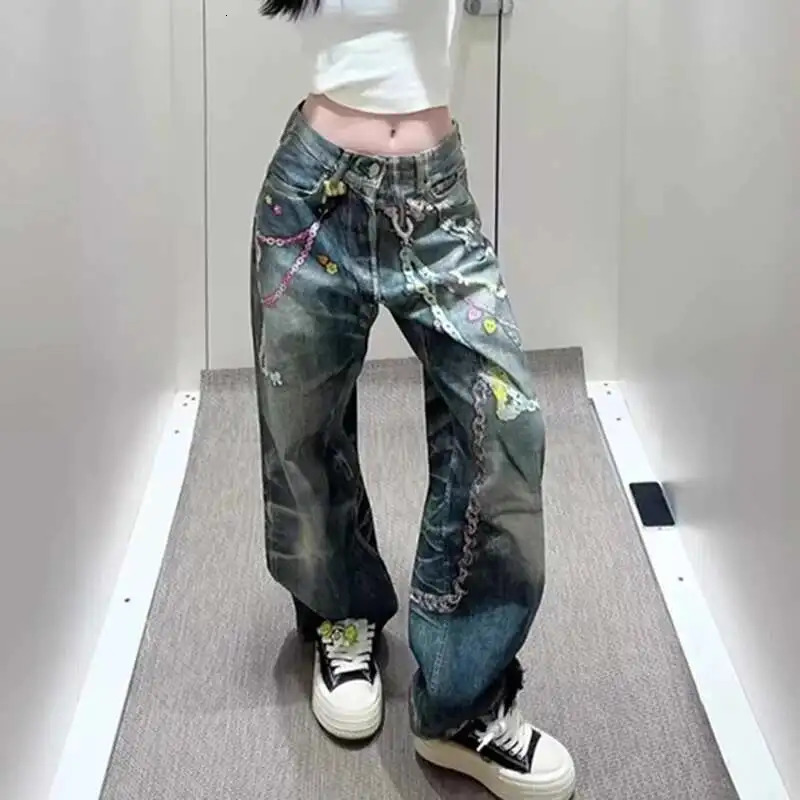 DEAT Womens Fashion Straight Printed Casual Denim Pants Spring Arrival Female Long Chain Gradient Jeans Trendy 11A03657 251029