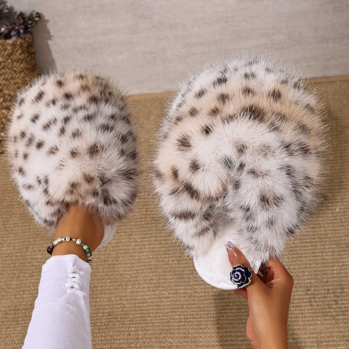 Women Slippers Leopard Print Flat Bottom Fur Slippers Women Autumn Winter Fashion Home Shoes Warm AntiSlip Cotton Slides Women H251030