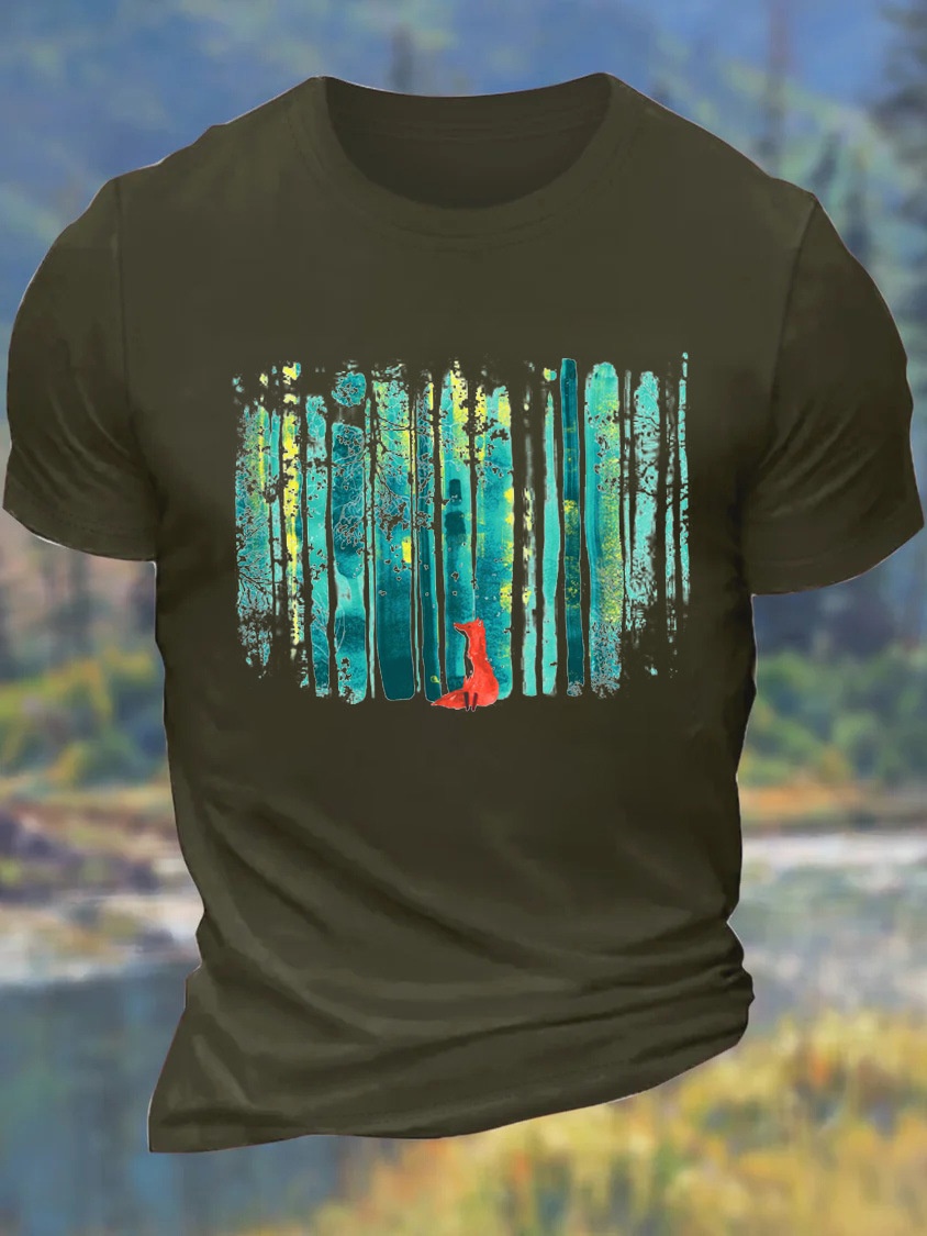 European & American Oversized Men's Forest Fox Crew Neck Casual Cotton Letter T-Shirt - TT7454
