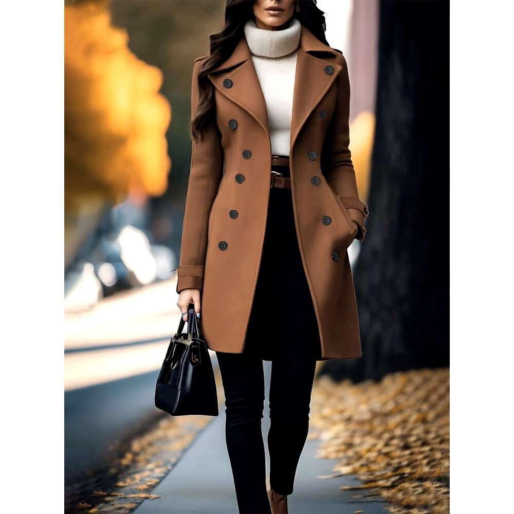 Women S Elegant Thickened Tweed Coat Solid Color Regular Fit Long Sleeve Button Front With Flared Hem All Season Versatile Outerwear For Casual Formal