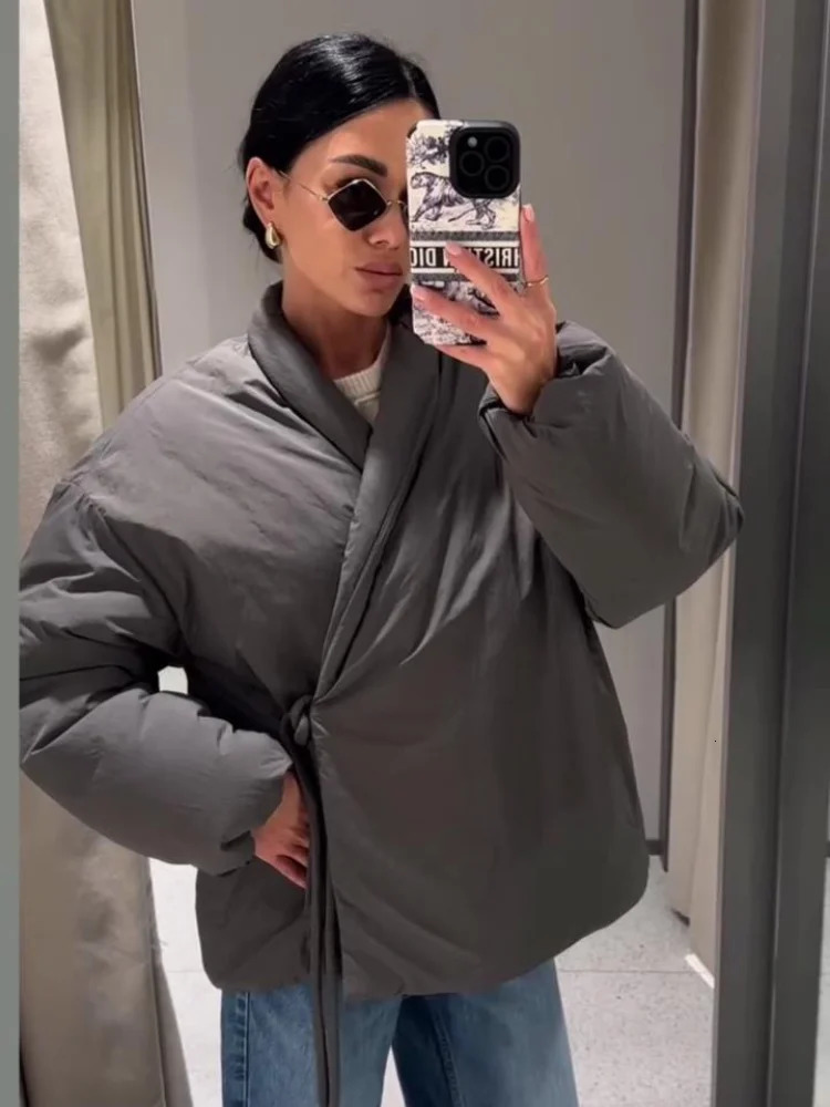 Casual Gray Lace Up Coat Women Cotton Vneck Pocket 2025 Autumn Thick Jackets Female Chic Street Allmatch Outwear Tops 251030