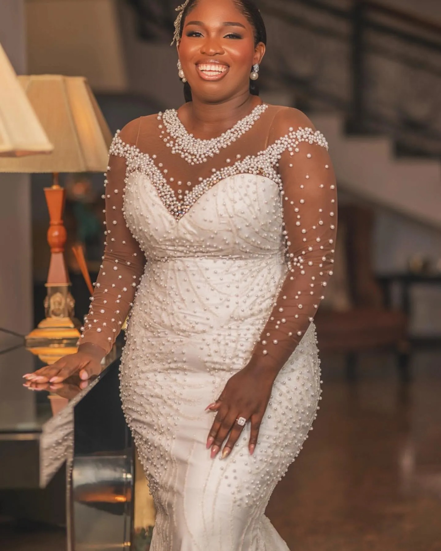 Ivory Mermaid Wedding Dresses Plus Size Lacefull Pearls Sheer Neck Vintage Bridal Gowns Dress Vestidos De Novia