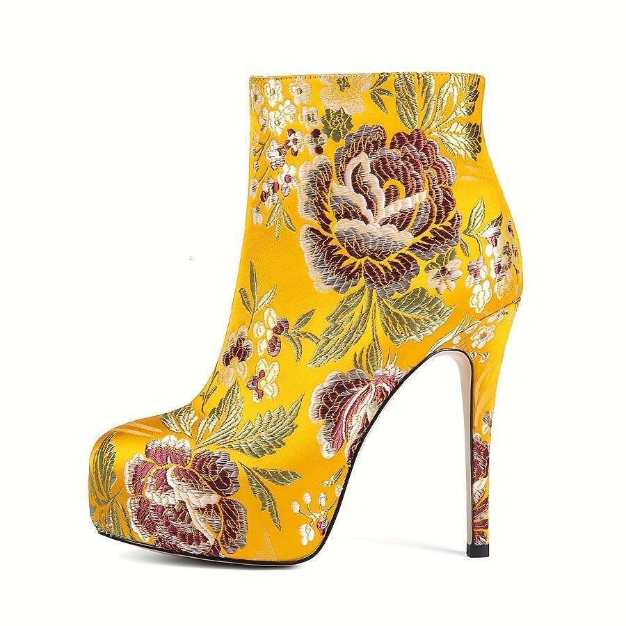 Women's Floral Embroidered Ankle Boots, Round Toe Stiletto Heels, Zipper Closure, Fabric Upper & Lining, Rubber Sole, Microfiber Insole, Fashiona