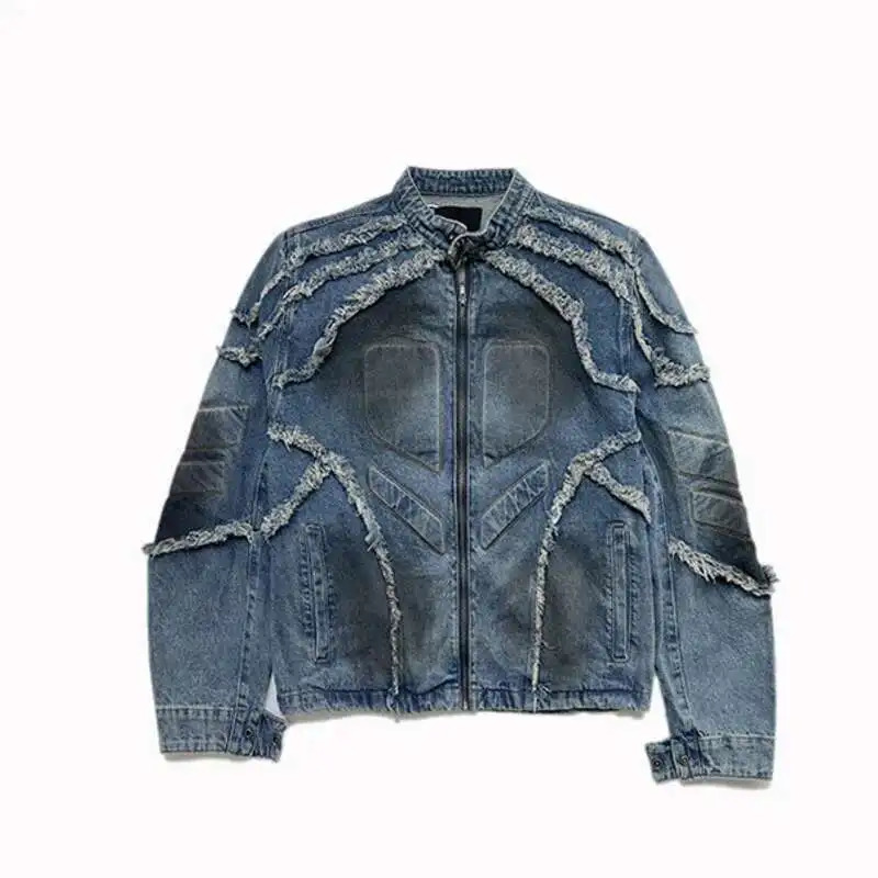 LUZHEN American Tassel Burr Shoulder Pad Motorcycle Jacket Wornout Personalized High Street Short Denim Top Men LZ8149 251029