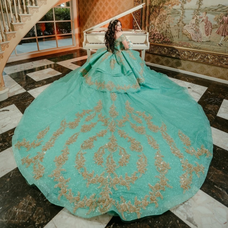 Mint Green Shiny Quinceanera Dresses Off The Shoulder Applique Lace Beading Tull Party Birthday Sweet 16 Dress Vestidos 15 Anos