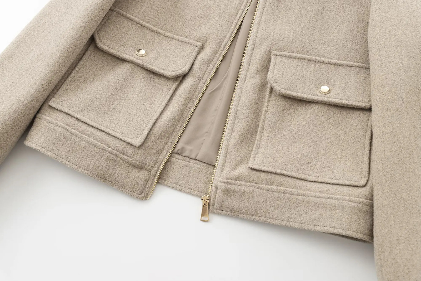 autumn and winter womens clothing pocket zipper decoration soft simple longsleeved lapel short jacket 251028